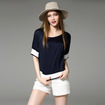 Simple Round Neck Short Sleeve Pure Silk  T-shirt With Contrast Collar