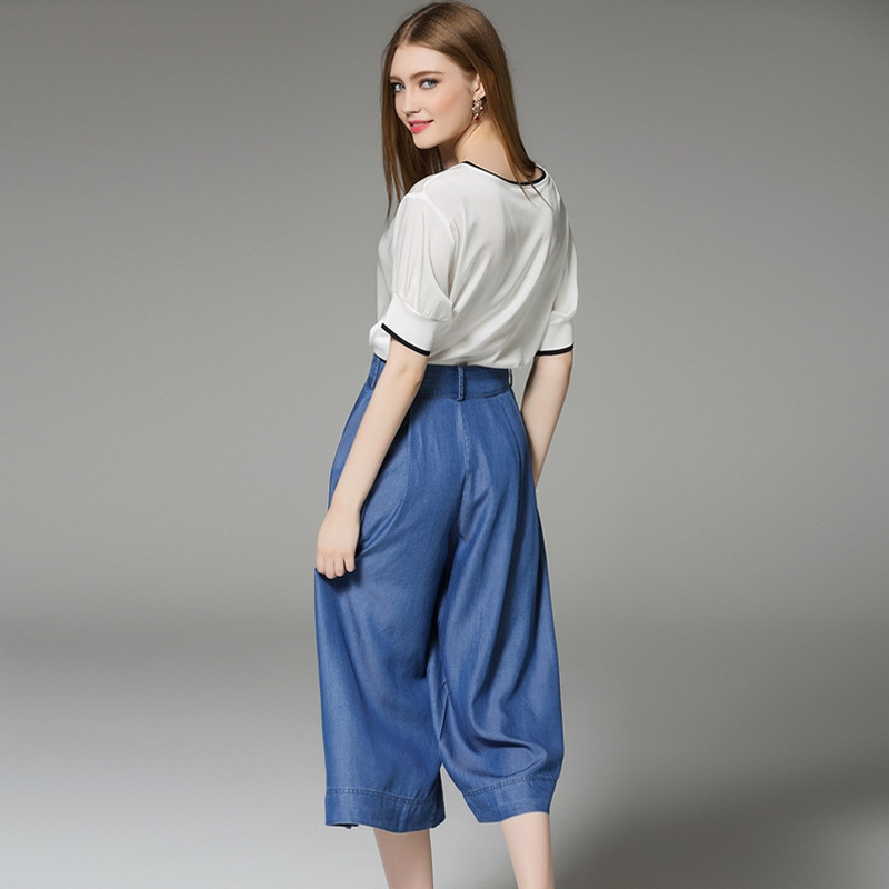 Simple Round Neck Short Sleeve Pure Silk T-shirt With Contrast Collar