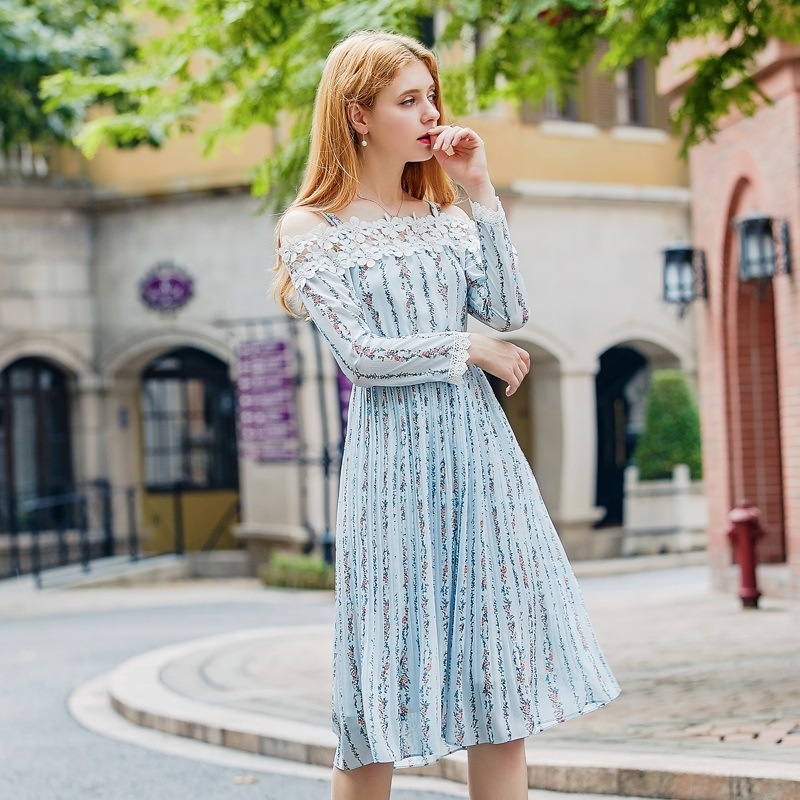 Light Blue Lace Trim Off Shoulder High Waist Dress | VoguesUs