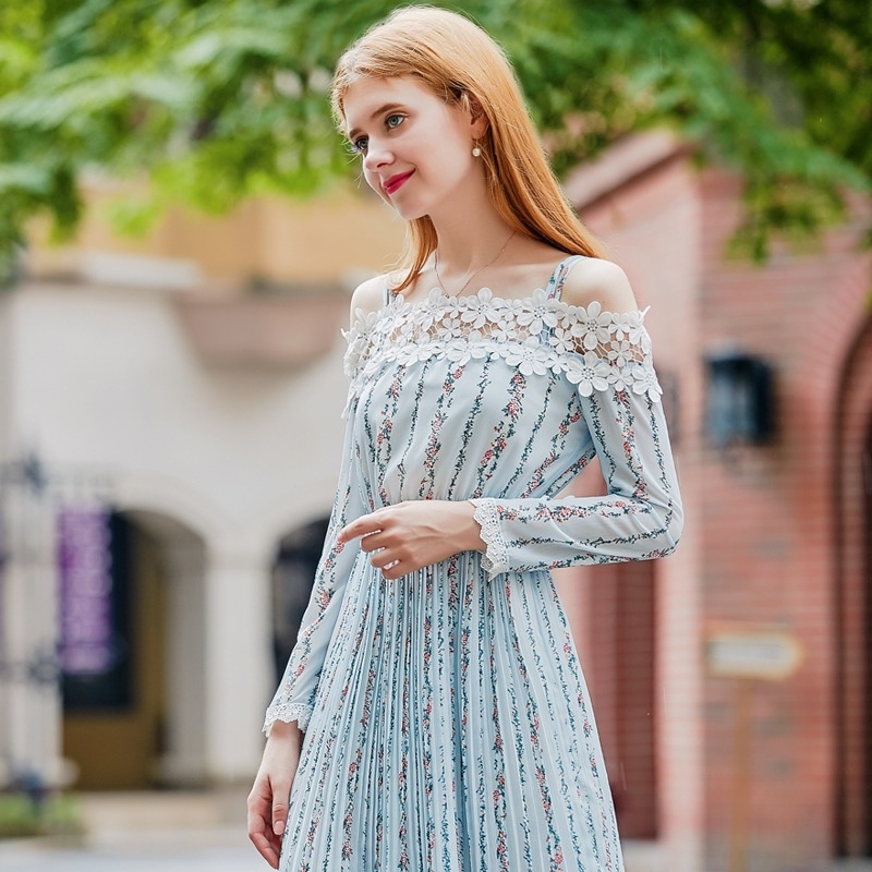 Light Blue Lace Trim Off Shoulder High Waist Dress | VoguesUs
