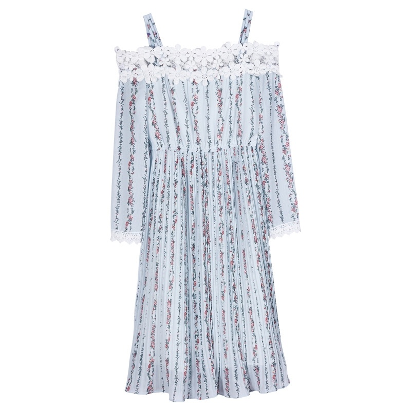 Light Blue Lace Trim Off Shoulder High Waist Dress | VoguesUs