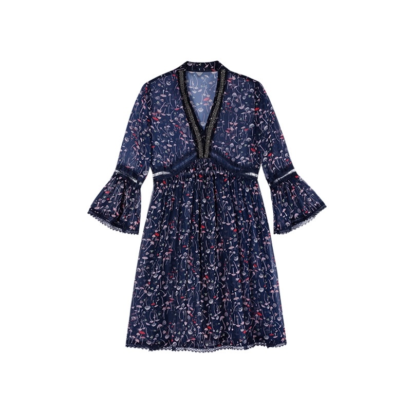 Stiched V Neck Flamenco Print Chiffon A Line Dress | VoguesUs