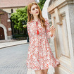 Floral Leaf Print Long Sleeves A Line Dress With Flute Sleeve Detail