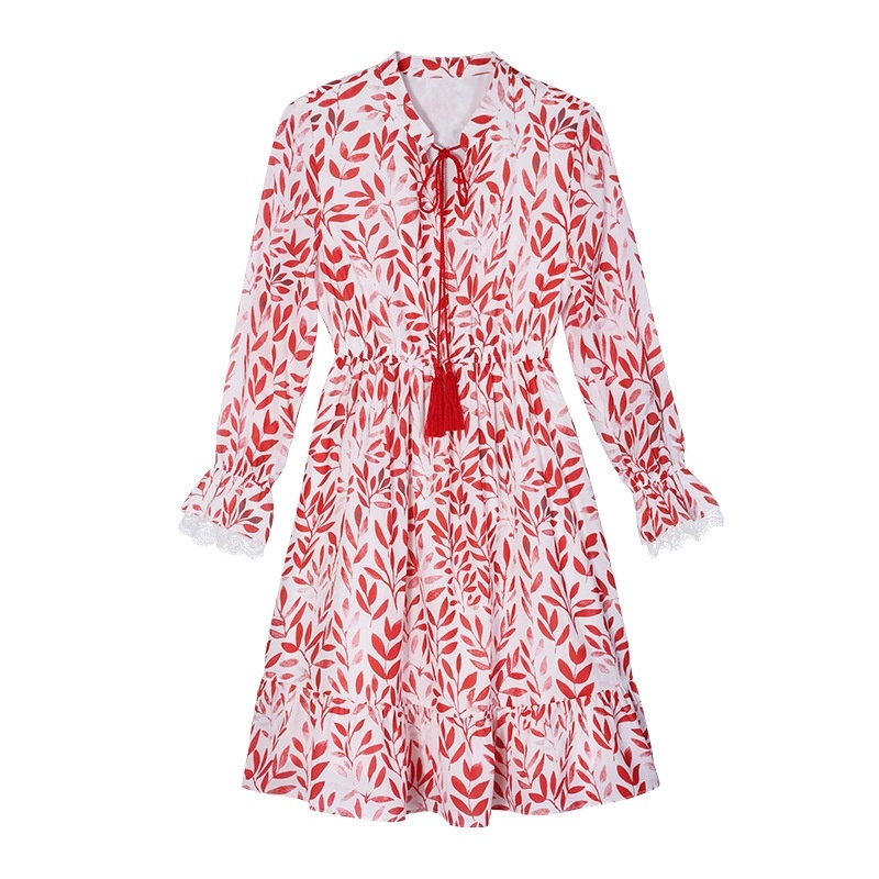 Floral Leaf Print Long Sleeves A Line Dress With Flute Sleeve Detail
