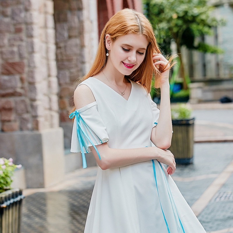 White Cold Shoulder A Line Dress With Ribbon Bow Tie Detail | VoguesUs