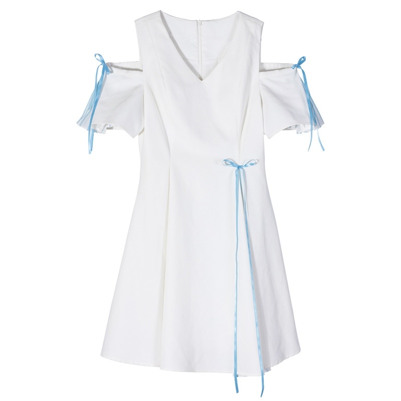 White Cold Shoulder A Line Dress With Ribbon Bow Tie Detail | VoguesUs