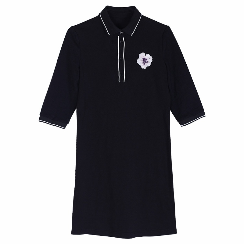 Revers Noir Floral Brodé Demi-Manches En Tricot Mini Robe | VoguesUs