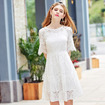 Elegant White Round Neck Half Flute Sleeve Lace Dress