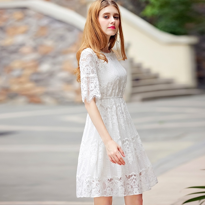 Elegant White Round Neck Half Flute Sleeve Lace Dress | VoguesUs