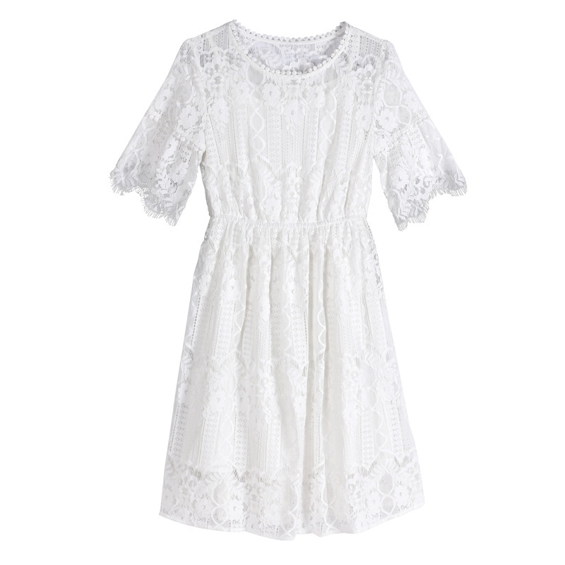 Elegant White Round Neck Half Flute Sleeve Lace Dress | VoguesUs