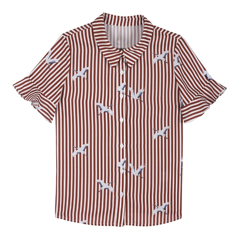 Revers Streifen-Kran-Print-Streifen-Chiffon-Shirt | VoguesUs
