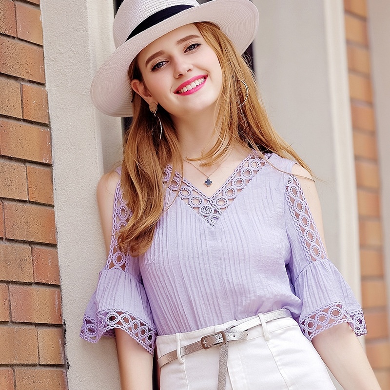 Lace Cutwork V-Kragen Lavendel Flöte Ärmel Shirt | VoguesUs