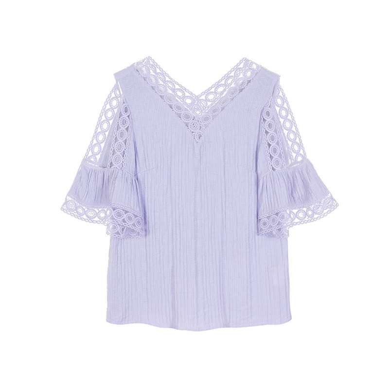 Lace Cutwork V-Kragen Lavendel Flöte Ärmel Shirt | VoguesUs