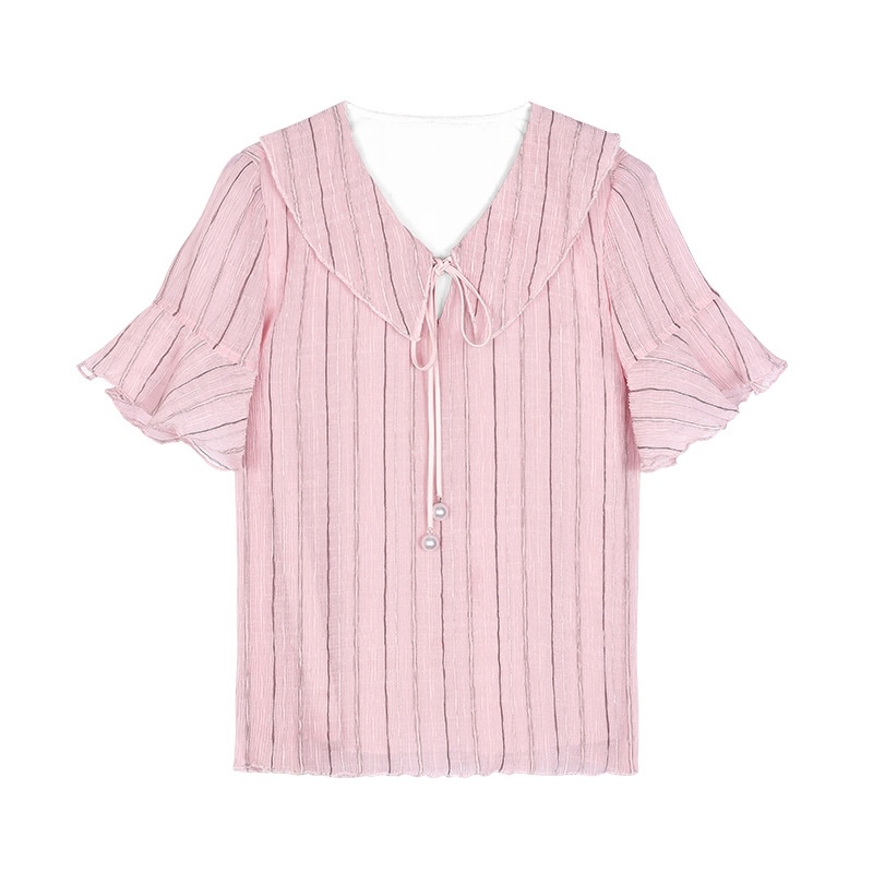 Rose Mignon De Bande De Flûte À Manches En Mousseline De Soie T-Shirt | VoguesUs