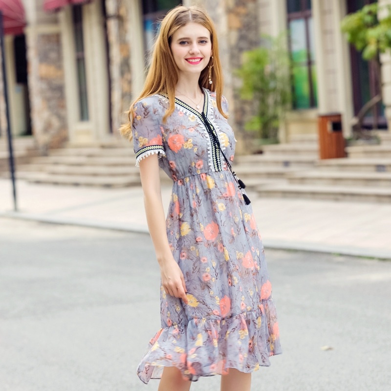 Lace Detail Print Fish Tail Short Sleeve Dress With Ruffle Hem |