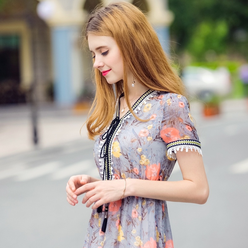 Lace Detail Print Fish Tail Short Sleeve Dress With Ruffle Hem |