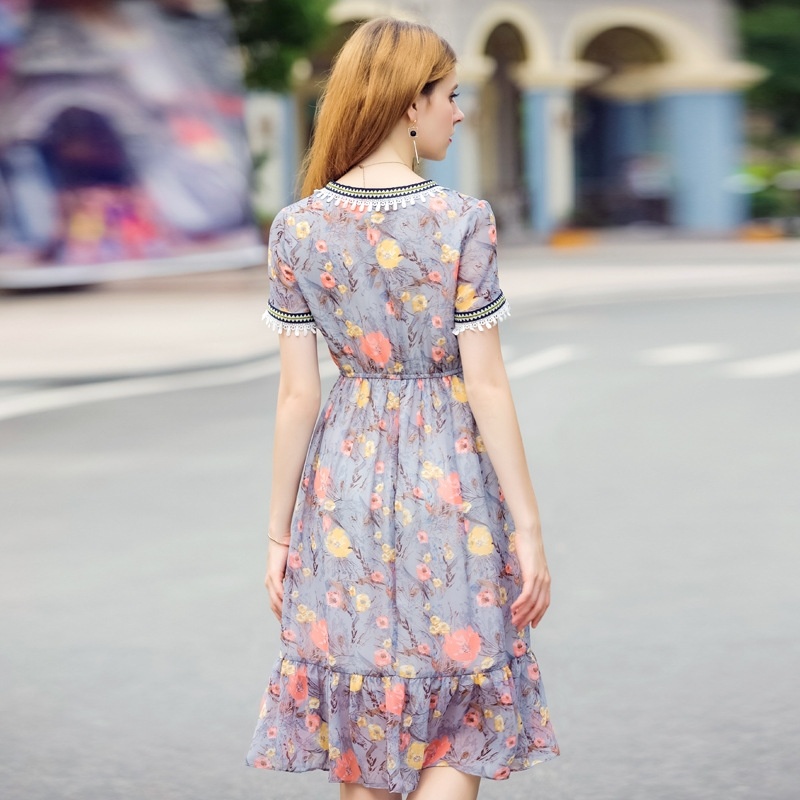 Lace Detail Print Fish Tail Short Sleeve Dress With Ruffle Hem |