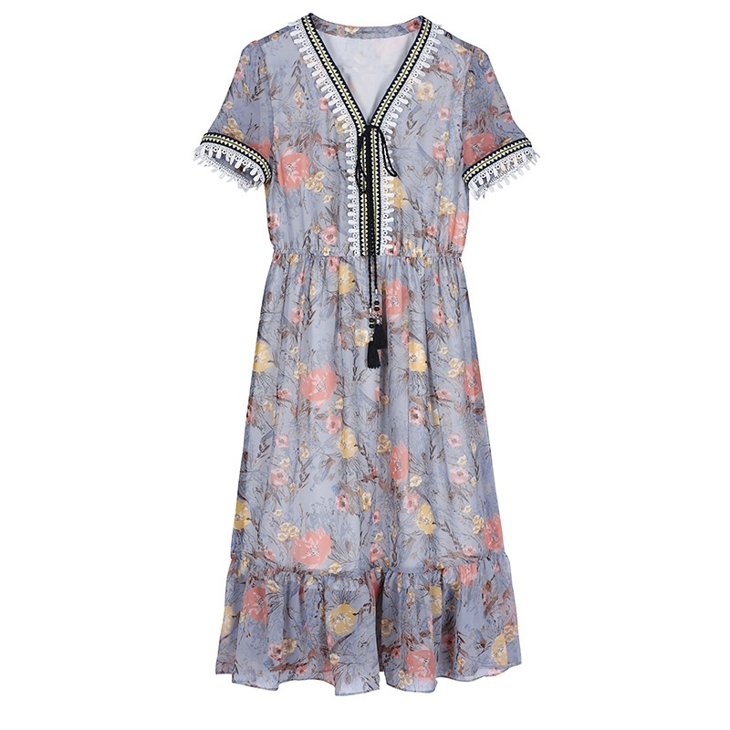 Lace Detail Print Fish Tail Short Sleeve Dress With Ruffle Hem |