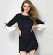 Black Stripe Round Neck Midi Dress With Contrast Flute Sleeve