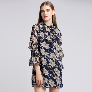 Manches Longues Imprimé Floral Col Haut Robe De Col De Détail | VoguesUs