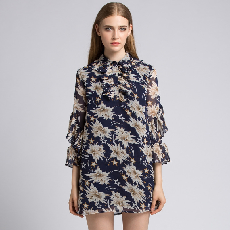 Long Sleeve Floral Print High Neck Dress With Collar Detail | VoguesUs