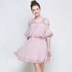 Pink Off Shoulder Camisole Strap Ruffle Chiffon Dress With Lace Detail