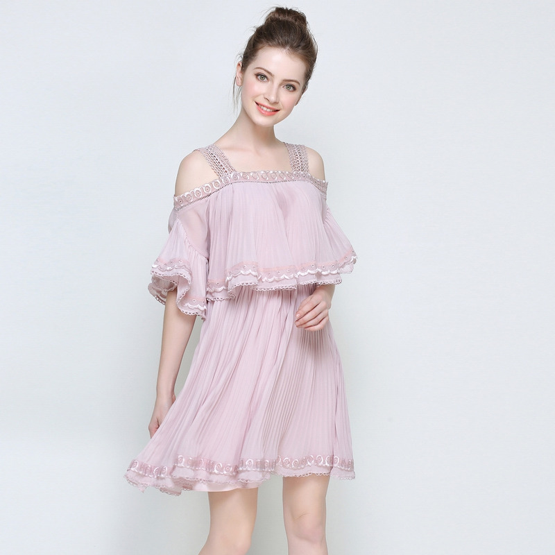 Pink Off Shoulder Camisole Strap Ruffle Chiffon Dress With Lace