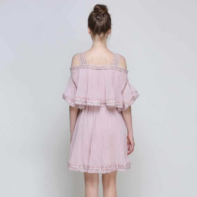 Pink Off Shoulder Camisole Strap Ruffle Chiffon Dress With Lace