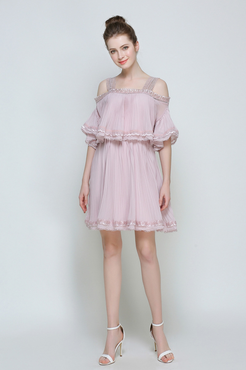 Pink Off Shoulder Camisole Strap Ruffle Chiffon Dress With Lace
