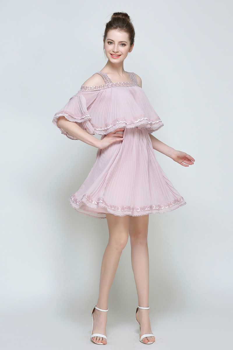 Pink Off Shoulder Camisole Strap Ruffle Chiffon Dress With Lace