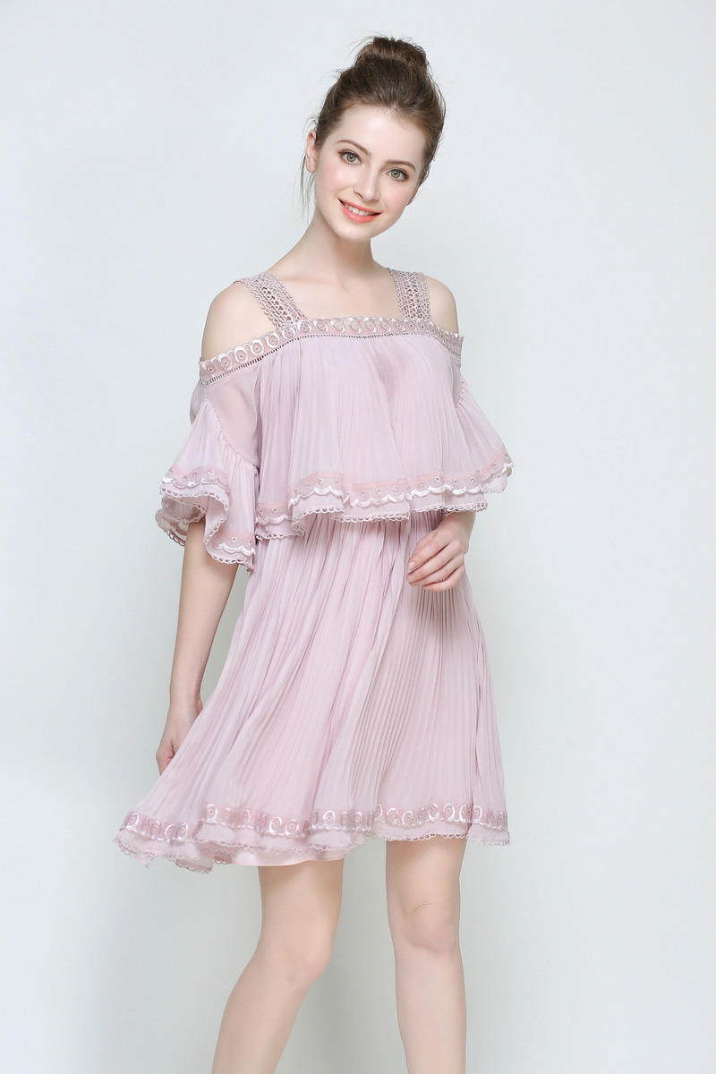 Pink Off Shoulder Camisole Strap Ruffle Chiffon Dress With Lace