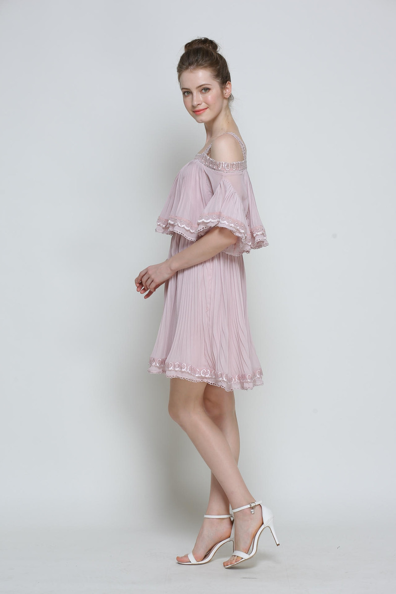 Pink Off Shoulder Camisole Strap Ruffle Chiffon Dress With Lace