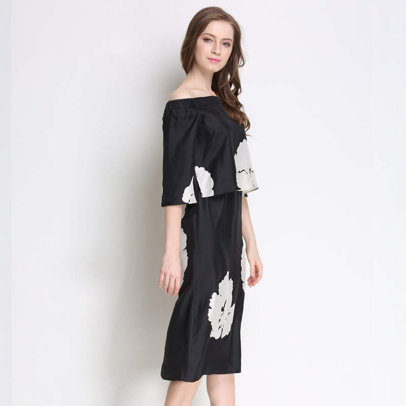 Simple Style Black Print Off Shoulder Half Sleeve Shift Dress |