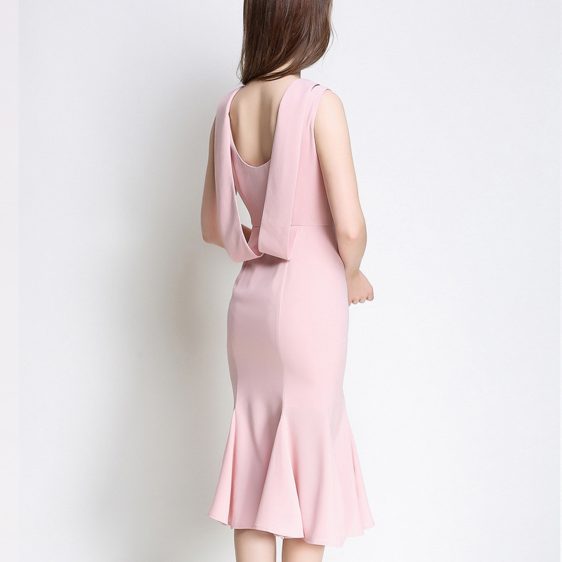 Rosa Sexy Open-Back-Slinky Ärmellos Hohe Nick-Kleid Mit Rüschen Saum