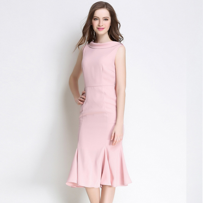 Rosa Sexy Open-Back-Slinky Ärmellos Hohe Nick-Kleid Mit Rüschen Saum