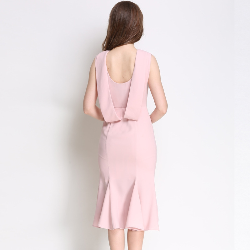 Pink Sexy Open Back Slinky Sleeveless High Nick Dress With Frill Hem