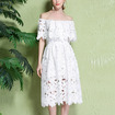 White Lace Corset Waist Short Sleeve Dress With Cutwork Detail