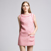 Pink Tweed Wool Sleeveless Round Neck Knited Shift Dress