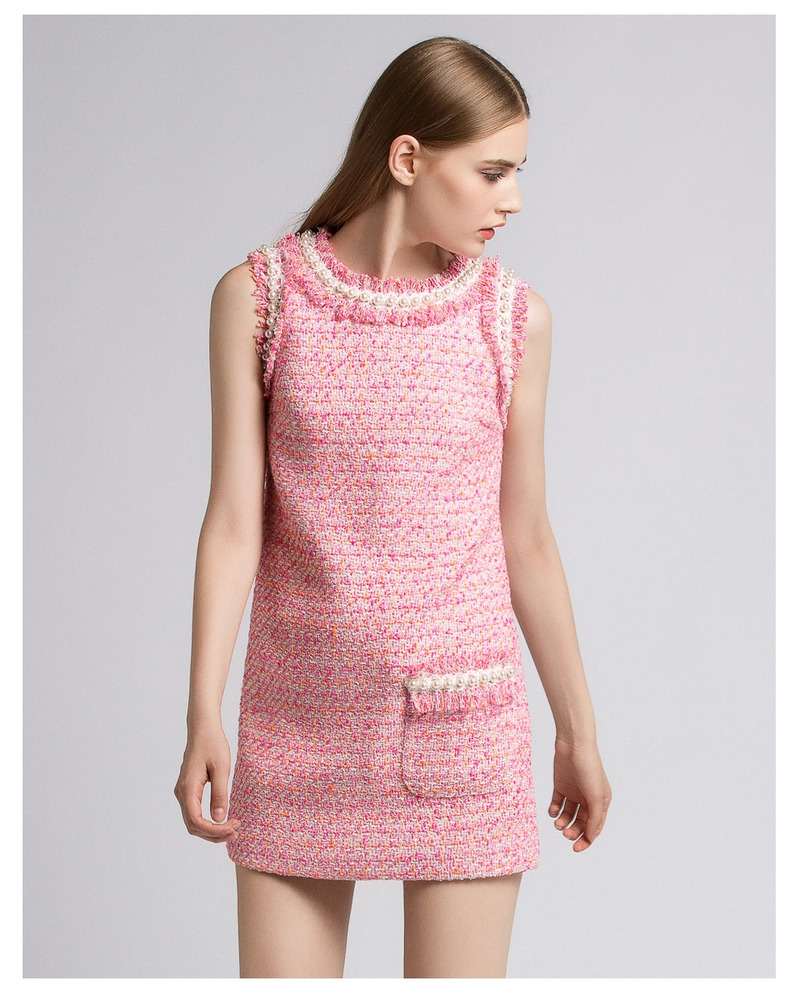 Rosa Tweed De Lana Sin Mangas De Cuello Redondo Knited Cambio De