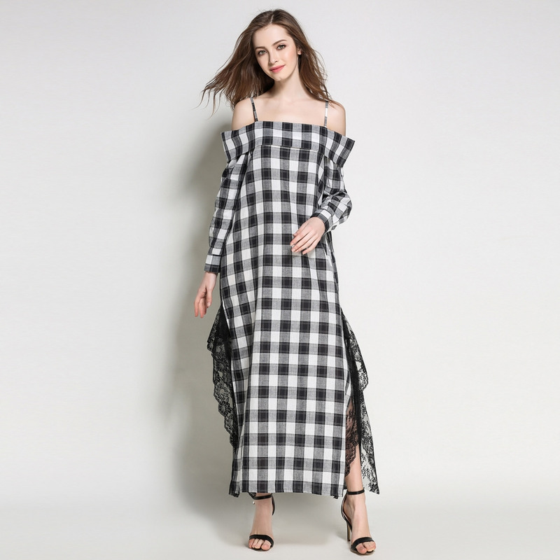 Oversize Off-Shoulder-Mieder Strap Maxi Dress With Lace Split |
