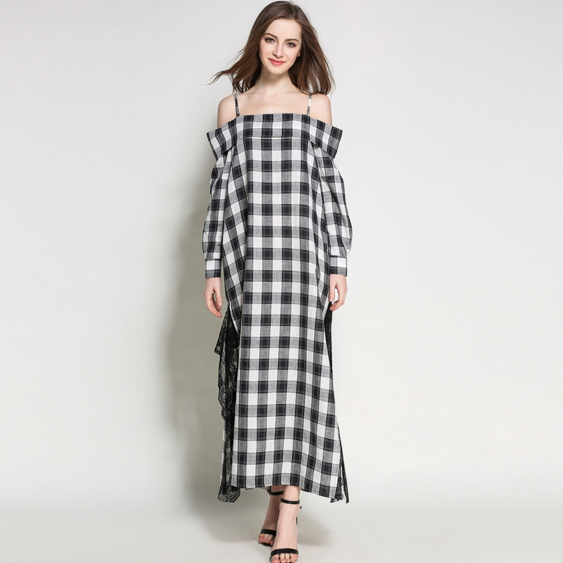 Oversize Off-Shoulder-Mieder Strap Maxi Dress With Lace Split |
