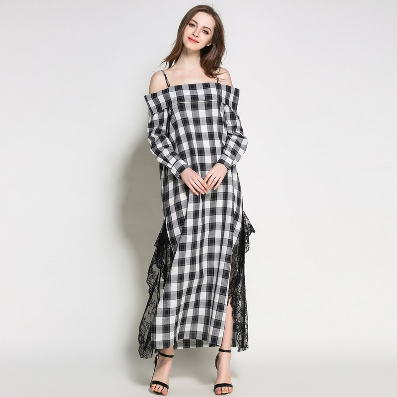 Oversize Off-Shoulder-Mieder Strap Maxi Dress With Lace Split |