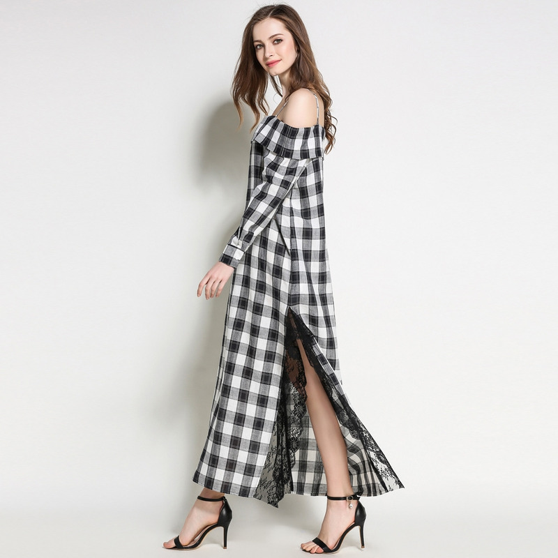Oversize Off-Shoulder-Mieder Strap Maxi Dress With Lace Split |