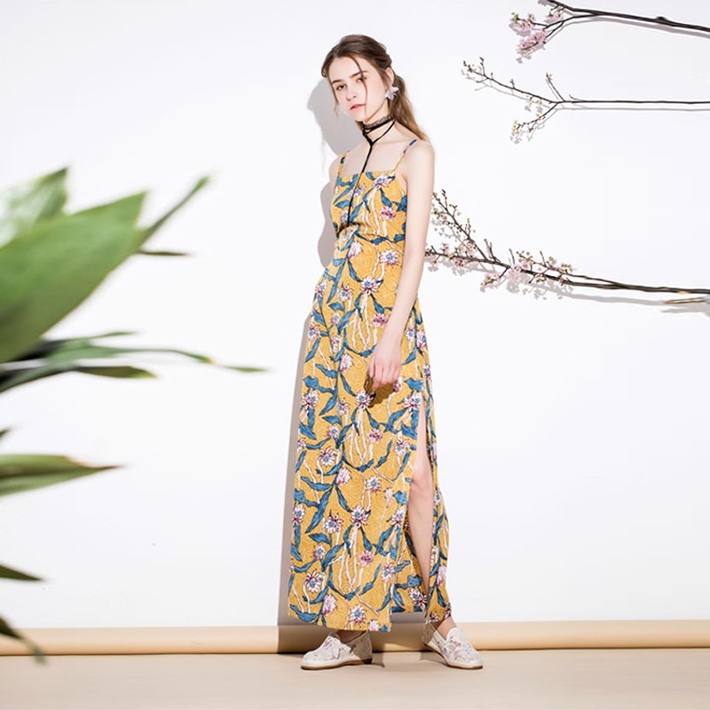 Floral Print Off Sollte Strap Back Maxi Dress With Split-Seite |