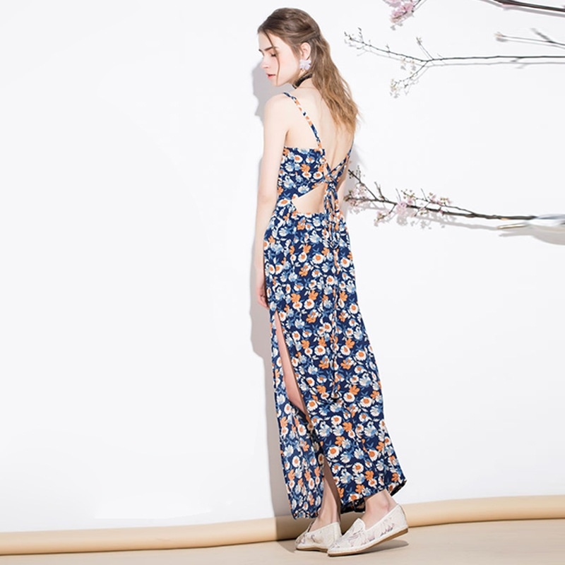 Floral Print Off Sollte Strap Back Maxi Dress With Split-Seite |