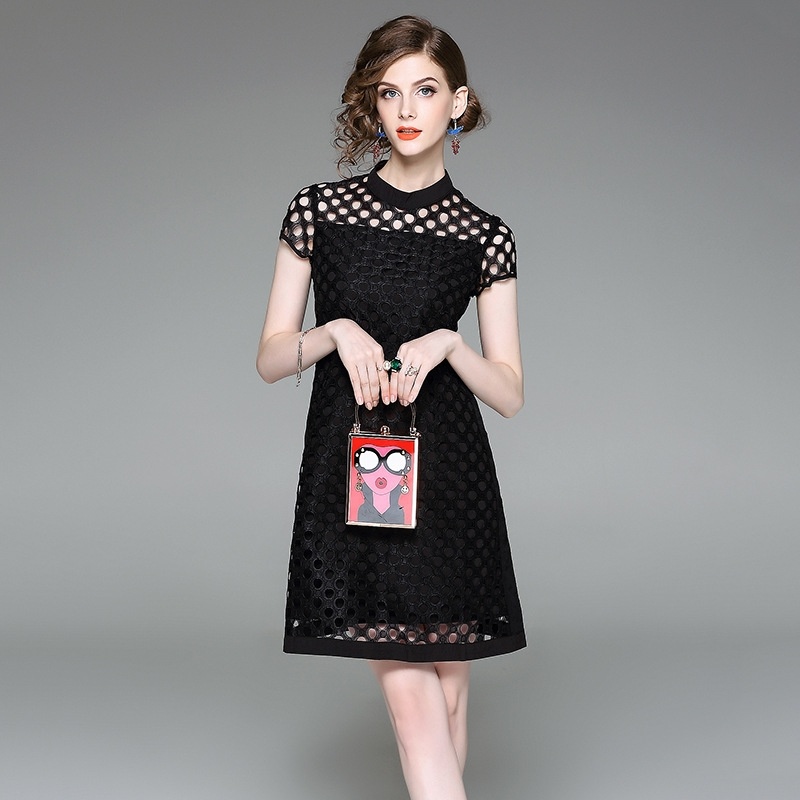 Fashion Black Dot Cutwork Short Sleeve A Line Dress | VoguesUs