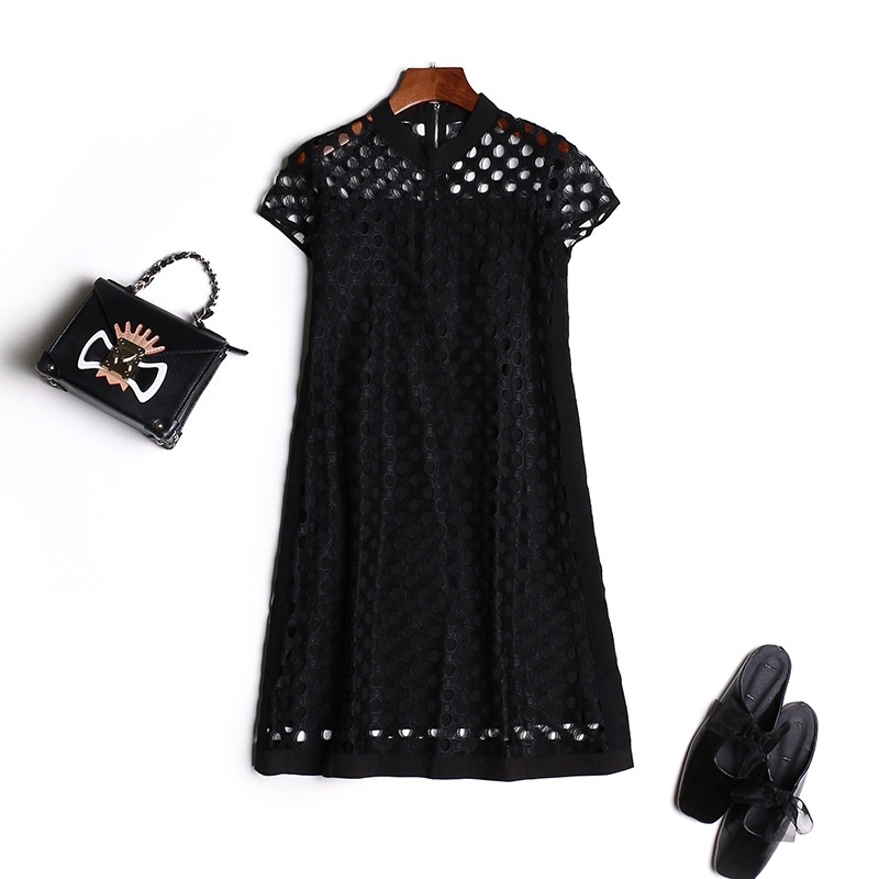 Fashion Black Dot Cutwork Short Sleeve A Line Dress | VoguesUs