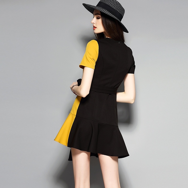 Fashion Contrast Color Asymmetrical Spliced Dress With Tie Waist |