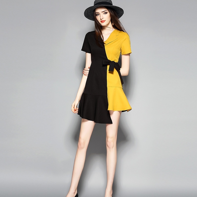 La Mode Et La Couleur De Contraste Asymétrique Épissé Robe Avec Une Cravate À La Taille |