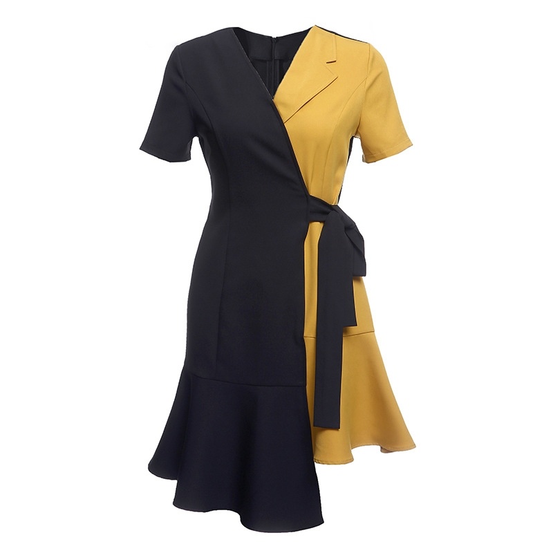 La Mode Et La Couleur De Contraste Asymétrique Épissé Robe Avec Une Cravate À La Taille |